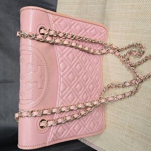 Tory Burch Pink Quilted Shoulder Bag with Gold Chain
